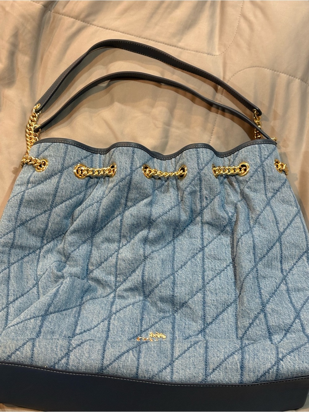 Coach Quilted Denim Shoulder Bag with Gold Chain Accents - Light Blue